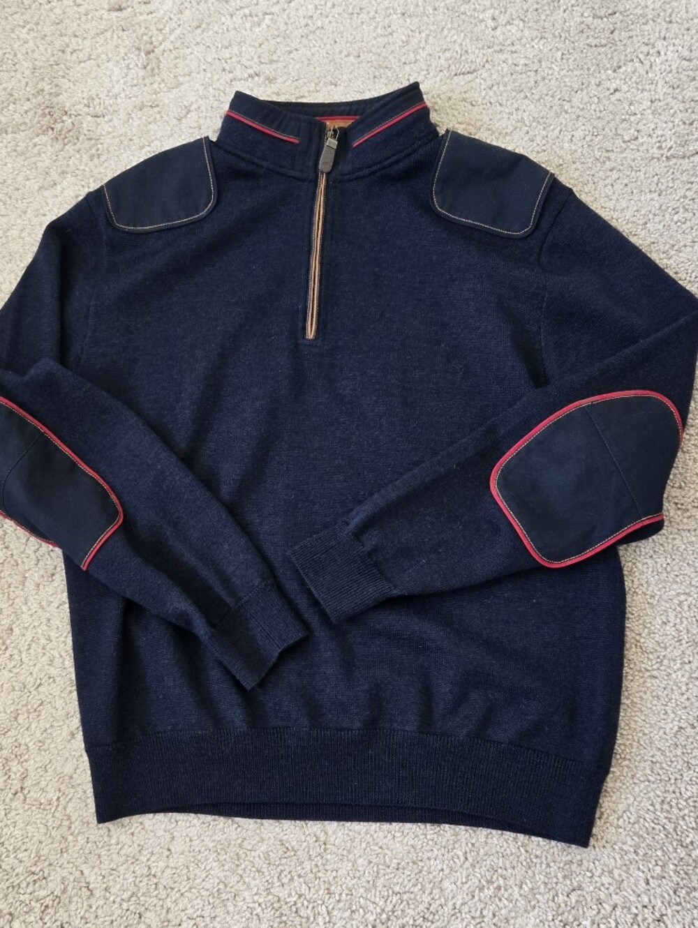Orvis Mens Medium Navy Blue Wool 1/4‎ Zip Sweater Elbow Patch Shoulder Pullover - Picture 10 of 15